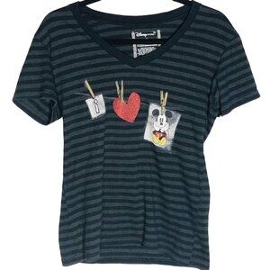 Disney store shirt short sleeve tee black stripped organic mickey medium READ